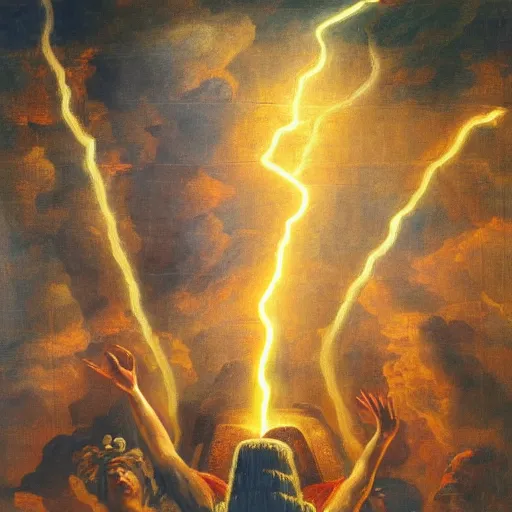 Prompt: A painting of Moses holding up the ten commandments with lightning, fire and pillars of smoke