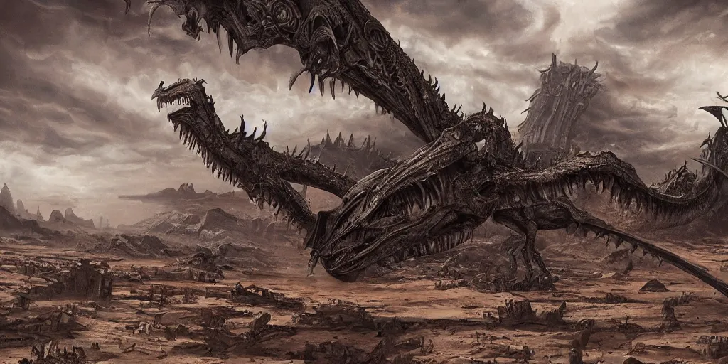 Image similar to one giger wyvern attacking desert city, in style of federico pelat and greg rutkowski