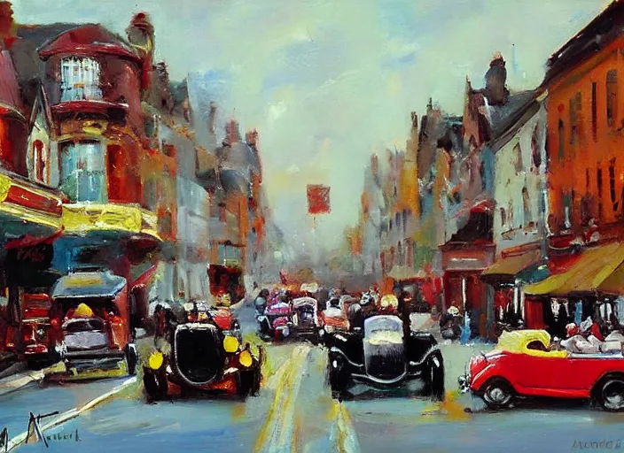 Image similar to hotrods driving down a street , vintage, highly detailed, by Antoine blanchard