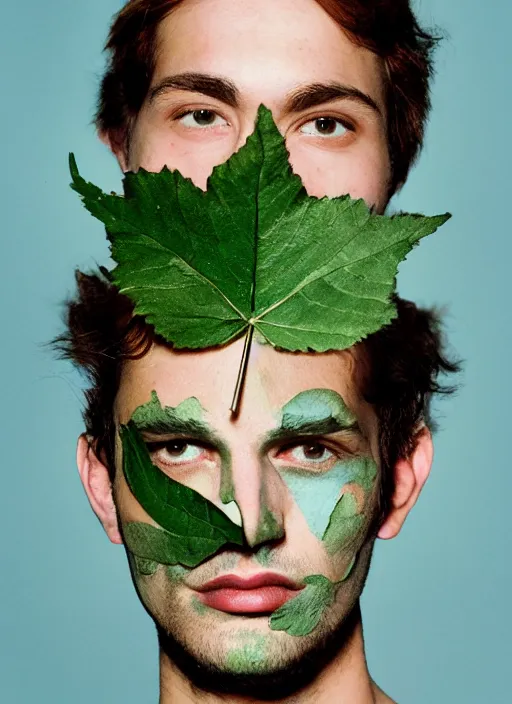 Image similar to a fashion portrait photograph of a man with a leaf on his face designed by stanley kubric, pastel colors, 3 5 mm, color film camera, studio lighting, pentax