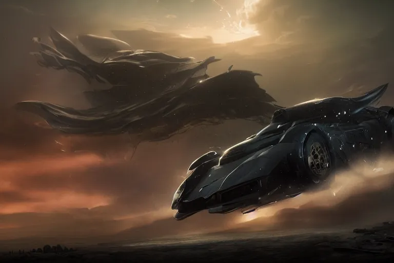 Prompt: the batmobile caught in the flow of time. octane render. 8 k. dark. atmospheric. cinematic. spectacular. sense of awe. mist. strong winds. sunrise. super slowmotion. matte painting painted by thu berchs and peter mohrbacher