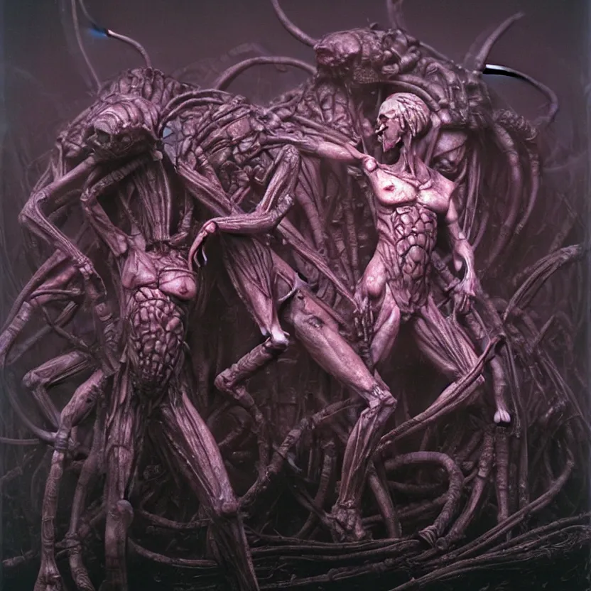 Prompt: still frame from Prometheus movie by Hajime Isayama, WH40k chaos Slaanesh succubus army by wayne barlowe by Ken Currie painted by Dariusz Zawadzki by giger by beksinski