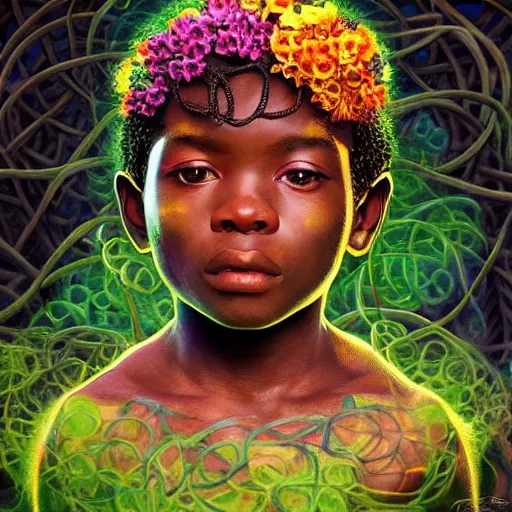 Image similar to colourful vfx art - portrait of nigerian boy wrapped in flowers & vines, art by frank frazetta & tadanori yokoo, volumetric light, ray tracing, unreal engine, octane render, sharp, detailed, digital painting, illustration, highly detailed, intricate detail, pinterest, behance, art station,