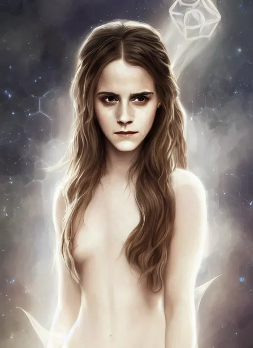 Prompt: emma watson as dark magic celestial, long hair, white and transparent cloth, space, D&D, shiny background, intricate, elegant, highly detailed, digital painting, artstation, concept art, smooth, sharp focus, illustration, artgerm, bouguereau