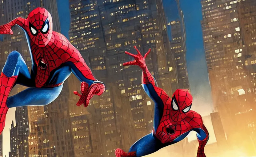 Prompt: ''spider - man swinging through the city, dynamic pose, new york, beautiful night, art by alex ross, spider - man sam raimi, concept art, beautiful art, 8 k''