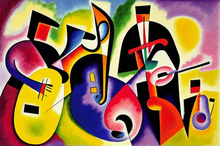 Image similar to jazz quintet, painting, kandinsky, saxophone, drums, piano, trumpet, realistic