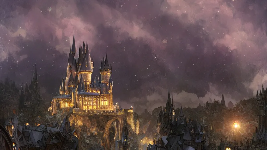 Image similar to a beautiful painting of the view from the train of hogwarts castle at night, with a sky full of stars, low, dramatic camera angle, intricate, elegant, highly detailed, digital painting, artstation, concept art, by krenz cushart and artem demura and alphonse mucha
