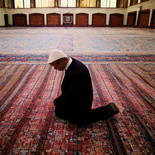 Image similar to Trump praying in mosque, award winning cinematic photography, 50 mm, blurred background, trending on Shutterstock