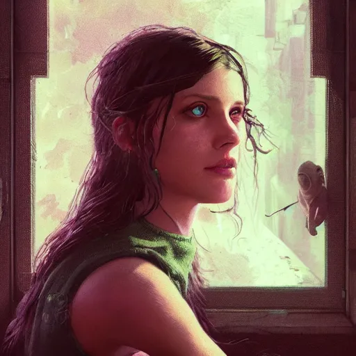 Image similar to green eyes looking through the window in darkness, horror, by greg rutkowski, wlop and lisa frank, illustration, fantasy, hyper detailed, unreal engine, sharp focus, ray tracing