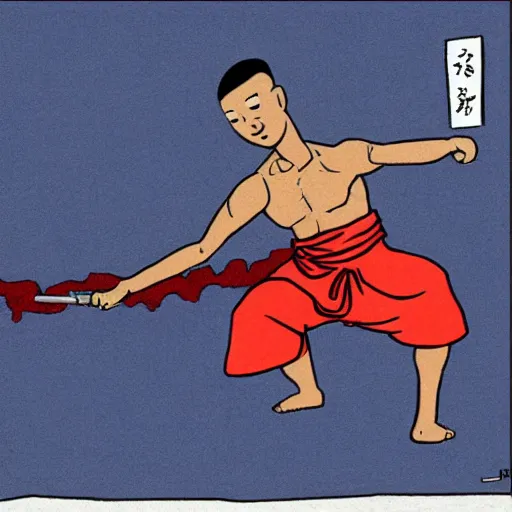 Prompt: cartoon of shaolin cat making exercise