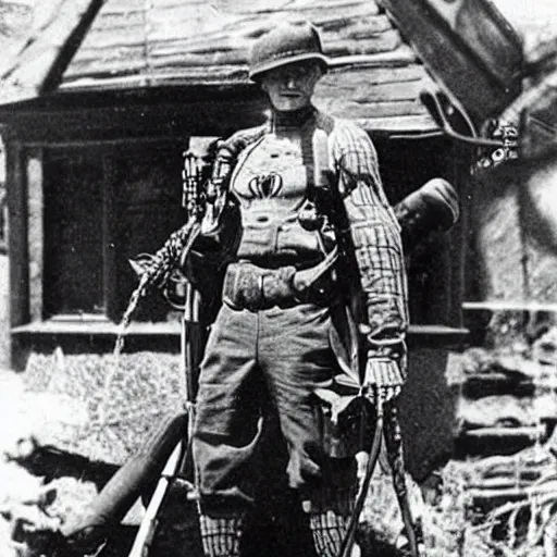 Image similar to old wartime photograph of spiderman holding a lewis gun, 1 9 1 7