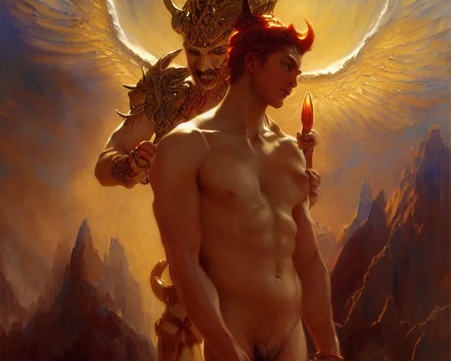 Image similar to attractive pagan male deity, summons handsome lucifer morning star. highly detailed painting by gaston bussiere, craig mullins, j. c. leyendecker 8 k