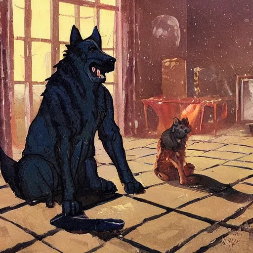 Image similar to a humanoid german shepherd beast - man, sitting and watching a soccer match in his house on television, he has hurt his knee and is a dad, by erin hanson, alexi zaitsev, karl spitzweg, award winning, tv set