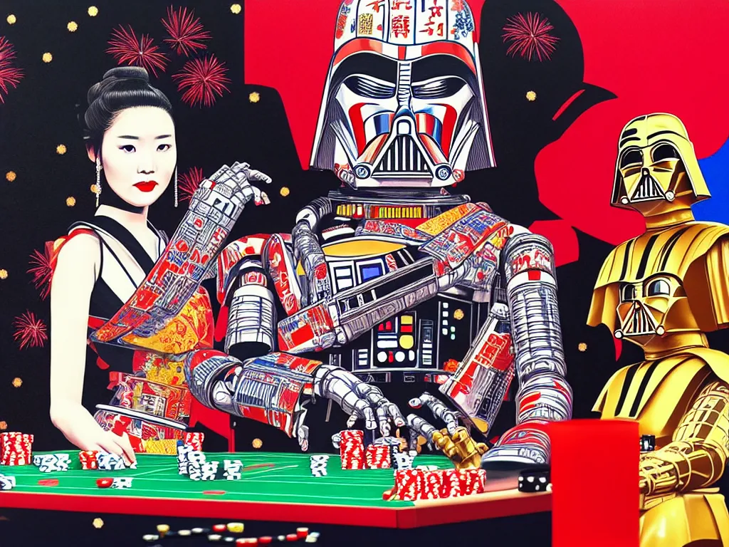 Image similar to hyperrealistic composition of the detailed woman in a japanese kimono with a c 3 p 0 robot head sitting at a extremely detailed poker table with darth vader, fireworks, mountain fuji on the background, pop - art style, jacky tsai style, andy warhol style, acrylic on canvas