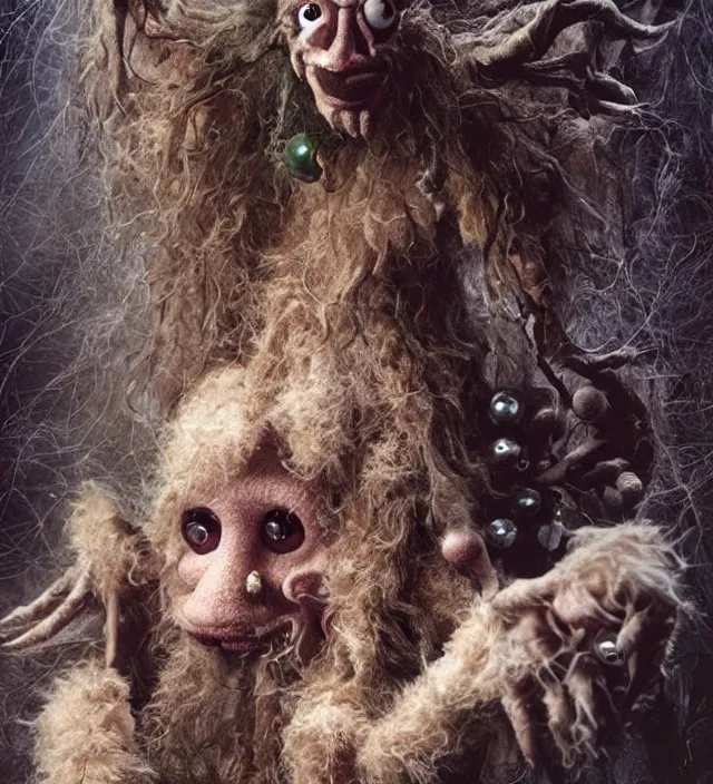 Prompt: hyper realistic photography of hairy fluffy muppet show horror nightmare lovecraftian cultist elf goblin monster with long arms, human anatomy, real teeth, glass beads clay amulets, full body, cinematic symmetric dark _ crystal, brian froud, alan lee, jean baptiste monge, scott radke