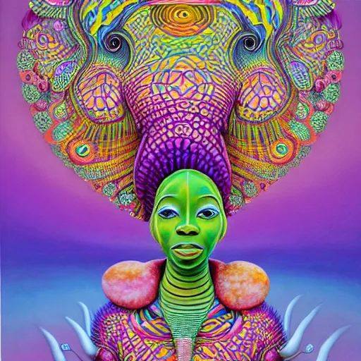 Image similar to a regal and elegant african queen with a colorful afro sitting in a cabana on top of an extremely large steampunk elephant near a pink lake with a large glowing baobab tree, by amanda sage and alex grey and evgeni gordiets in a surreal psychedelic style, oil on canvas 8k, hd