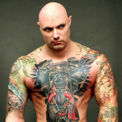 Image similar to muscular bald man, tattooed body, sword in hands, HD, anime,