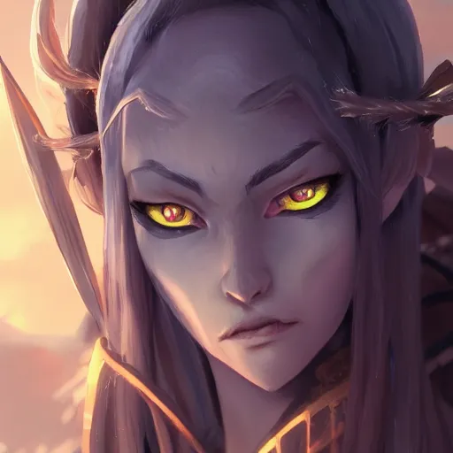 Image similar to a night elf girl with grey skin, yellow eyes and hair, ponytail, wearing armor, highly detailed, digital painting, artstation, matte, by makoto shinkai, animation style