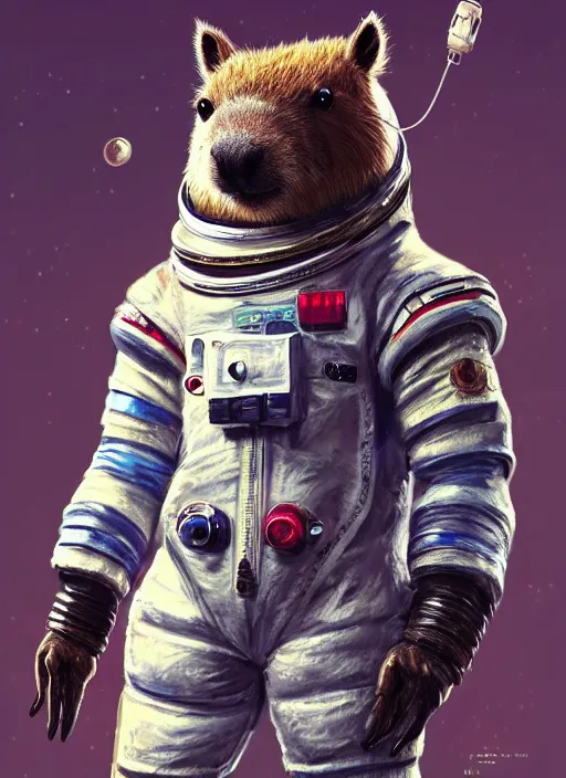 Prompt: detailed full body concept art illustration oil painting of an anthropomorphic capybara astronaut in full intricate armor, biomutant, dystopian, ultra detailed, digital art, octane render