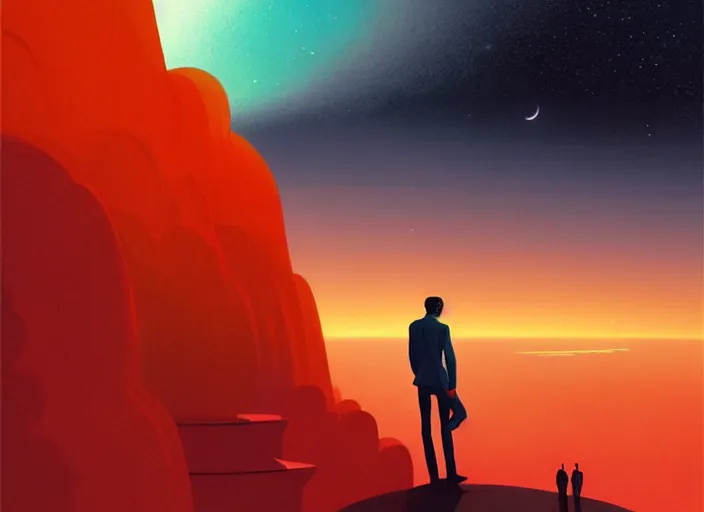 Prompt: dark silhuette of a man standing on a gray dull cliff looking out into a colorful cosmos, clouds, stars, rings, beautiful lighting, vivid colors, intricate, elegant, art by syd mead, terada katsuya, atey ghailan, svetlin velinov