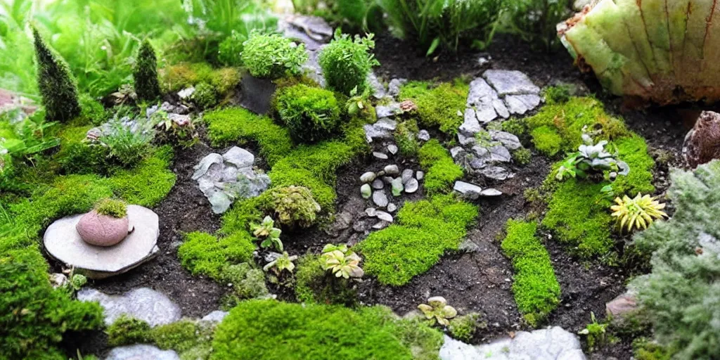 Prompt: miniature garden, cottagecore, moss, plants, cute, friendly