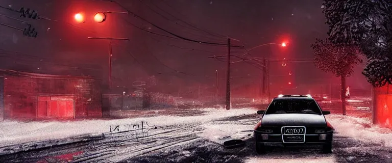 Image similar to Audi A4 B6 Avant (2002), a gritty neo-noir, dramatic lighting, cinematic, eerie person, death, homicide, homicide in the snow, gunshots, establishing shot, extremely high detail, photorealistic, red mist, red fog, chaos, arson, burning city, cinematic lighting, artstation, by simon stalenhag, Max Payne (PC) (2001) winter New York at night, In the style of Max Payne 1 graphic novel, flashing lights, Poets of the Fall - Late Goodbye