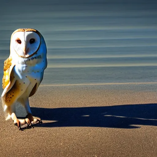 Image similar to barn owl standing in a chair at the beach, canon photo, very detailed, winning award photo, golden hour