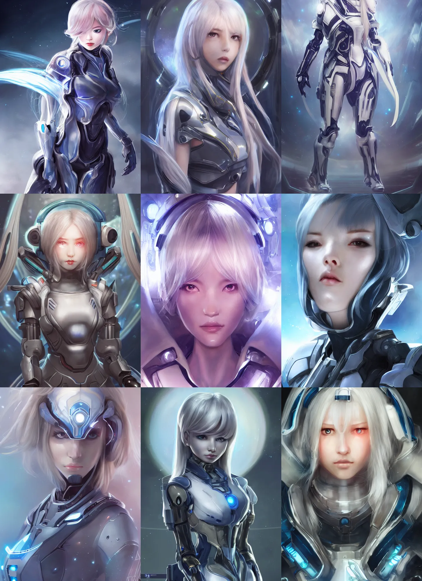 Prompt: perfect android girl, warframe armor, beautiful face, scifi, futuristic, space station, laboratory, bae suzy, dreamy, long white hair, blue cyborg eyes, cinematic lighting, highly detailed, very cute, focused, artstation, divine, by gauthier leblanc, kazuya takahashi, huifeng huang, jama jurabaev