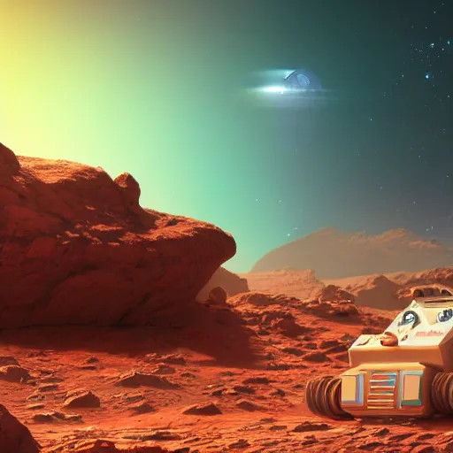 Image similar to tiny astronaut playing video game on mars, time machine, ice, bioluminescence, vegetation, colorful, rim light, highly detailed, tilt shift, digital painting, concept art, smooth, sharp focus, pleasing aesthetics, 3 d render, octane render, disney pixar, 4 k