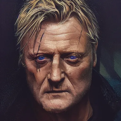 Image similar to cinematic portrait of rutger hauer in blade runner 2 0 4 9, perfect face, neon rain, moody, elegant, by alyssa monks, highly detailed, symmetrical face, fine details, masterpiece, trending on artstation