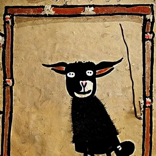 Prompt: a funny medieval wall painting of an emo sheep with a bang hairstyle, highly detailed, trending on artstation