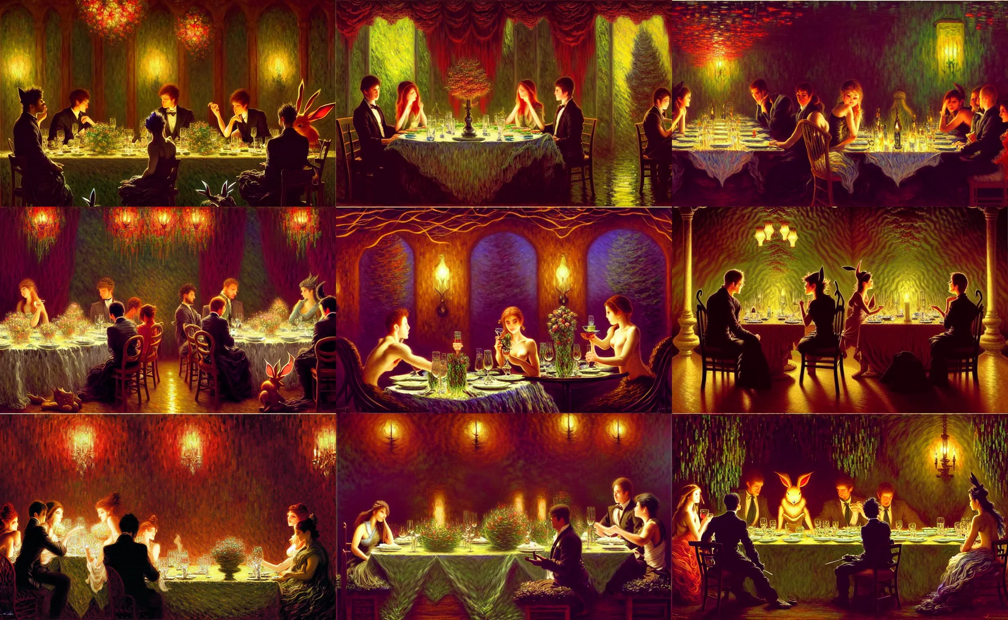 Prompt: a romantic dinner date fancy restaurant scene, but it's all eeveelutions. trending on pixiv and artstation. absurdly - detailed oil painting, by james gurney, dan mumford, wayne reynolds, ron spencer, gustave dore, charles monet