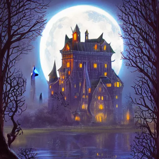 Image similar to elaborate fantasy painting of haunted castle at night, full moon, fantasy book cover