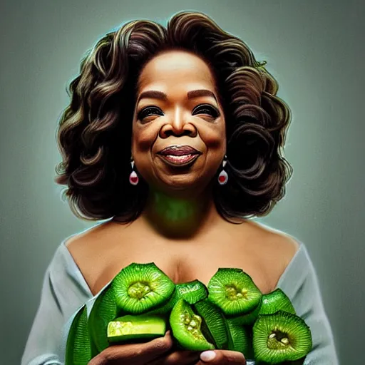 Image similar to a dish of oprah winfreys face fused with okra veg with green stalky ( ( green oprah winfrey's face ) ), oprah okra winfrey sentient veg, by greg rutkowski