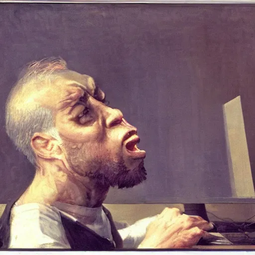 Image similar to an angry man yells at his computer monitor, oil on canvas, 1 8 8 3, highly detailed