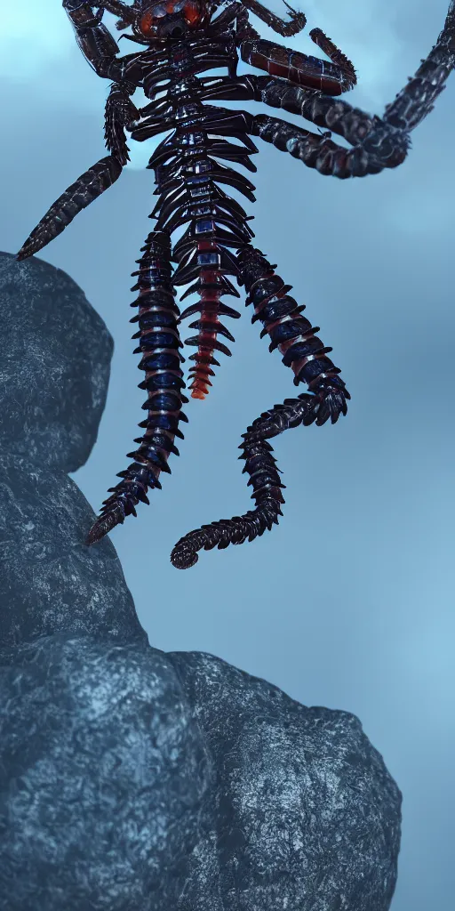 Prompt: professional photo shot of a cybernetic scolopendra made of silica crystal, rocks in the background, surrounded by of fog, grimy, gritty, trending on artstation, award winning, close shot, by aleks labuda and barry webb