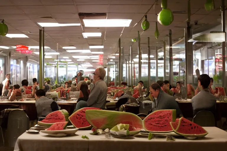 Image similar to 2 0 1 2 watermelon new jersey diner, tables repeat endlessly into the horizon, fruitcore, one point perspective, scene from a kiyoshi kurosawa movie