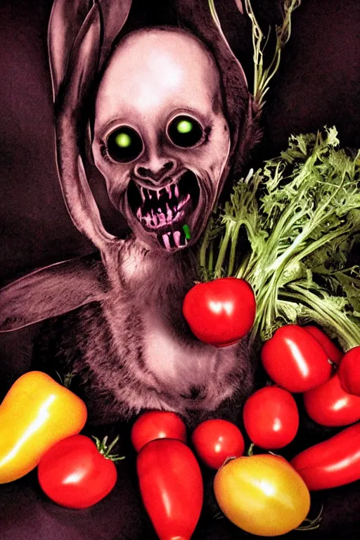 Image similar to portrait of rabbit, demon eyes, dracula fangs! haunted house, celery tomatoes carrots in background