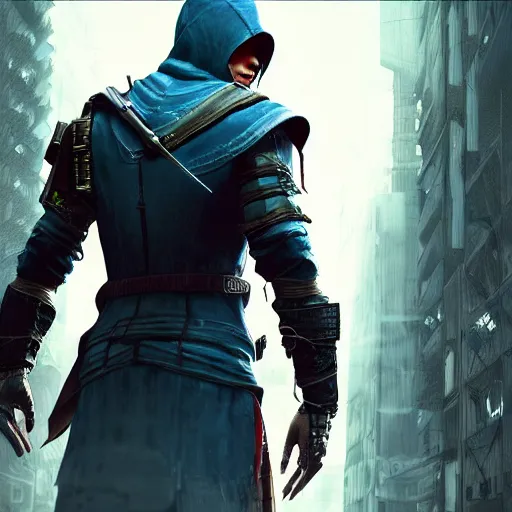 Prompt: a cyberpunk assassins creed protagonist