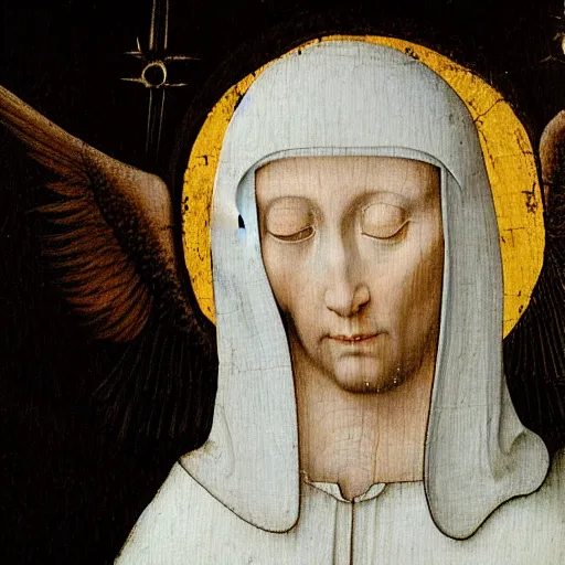 Image similar to realistic medieval painting portrait of white angel with clean narrow face like noface, 3 / 4, miracle light coming up from the head up and up, misty space, grace and blessing, sfumato effect by hieronymus bosch, by leonardo da vinci, renaissance, christianity, only white colors, white background