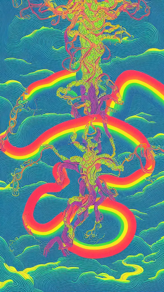 Prompt: a portrait of a lernaean hydra with human heads on an acid trip in a multicoloured rainbow in the cosmos, flat design, screen print by Kawase Hasui and dan hillier, 8k unreal engine