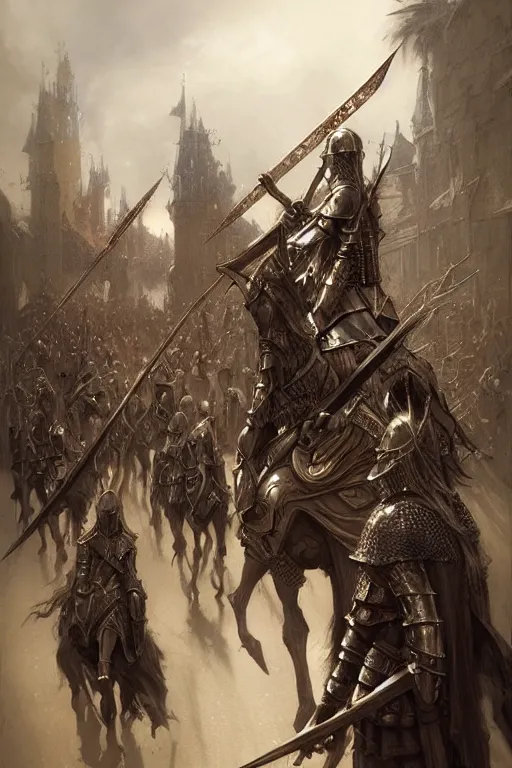 Image similar to medieval parade of knights, holiday, by wlop, by luis royo, by peter mohrbacher, concept art, digital illustration, intricate, masterpiece, elegant, super detailed, unreal engine rendering, smooth, sharp focus, artstation hq