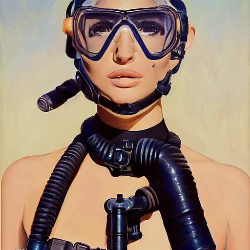 Prompt: a portrait of natalie portman in a scuba dive mask and a snorkel, greg manchess painting by sargent and leyendecker, studio ghibli, fantasy, medium shot, asymmetrical, intricate, elegant, matte painting, illustration, hearthstone, by greg rutkowski, by greg tocchini, by james gilleard, by joe fenton