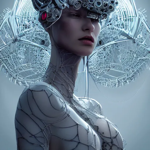 Image similar to portrait of an absurdly beautiful, graceful, sophisticated, fashionable cyberpunk mechanoid, hyperdetailed illustration by irakli nadar and alexandre ferra, intricate linework, white porcelain skin, faberge, coral headdress, unreal engine 5 highly rendered, global illumination, radiant light, detailed and intricate environment,