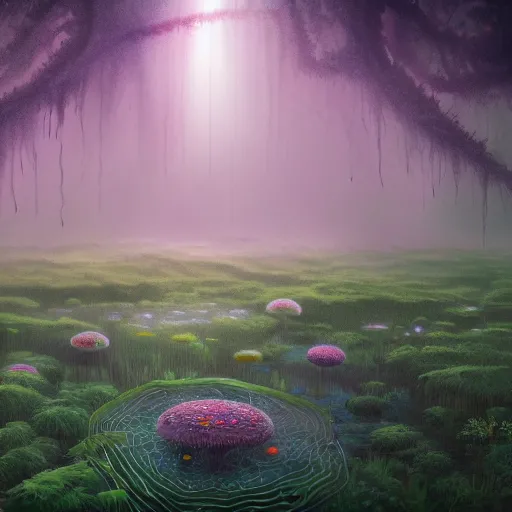 Prompt: a gloomy swamp of celestial moss surrounded by colorful mist with haunting shadows of creatures in the distance, jellyfish flying in the air, in the style of surrealism, ambient occlusion, clean lineart and color, vibrant, painting, high detail, 4k, 8k