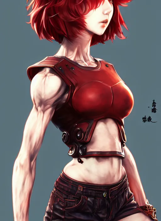 Prompt: fullbody!! yoshitaka amano and ayami kojima gorgeous girl symmetrical face, short red hair, crop top, shorts, dynamic action pose, hyper detailed, character concept, intricate, elegant, digital painting, artstation, smooth, sharp focus