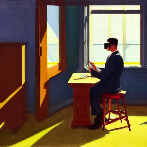 Prompt: A fine art painting of a man wearing Vr goggles and creating the metaverse at a desk through a window on a British street. In the style of Edward Hopper and Wes Anderson