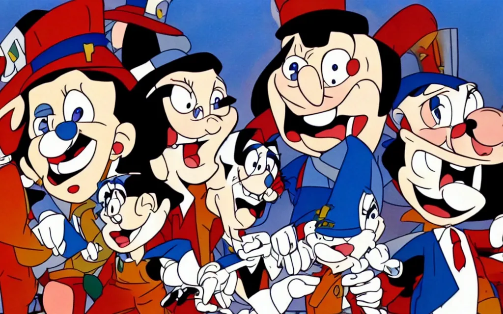 Prompt: episode of animaniacs where yakko wakko and dot Warner torment adolf hitler, cartoon animaniacs in world war 2 era Germany where they bounce on Hitler's head, Hitler is crying, streaming on hulu, high quality upload, Steven spielberg Warner bros animation