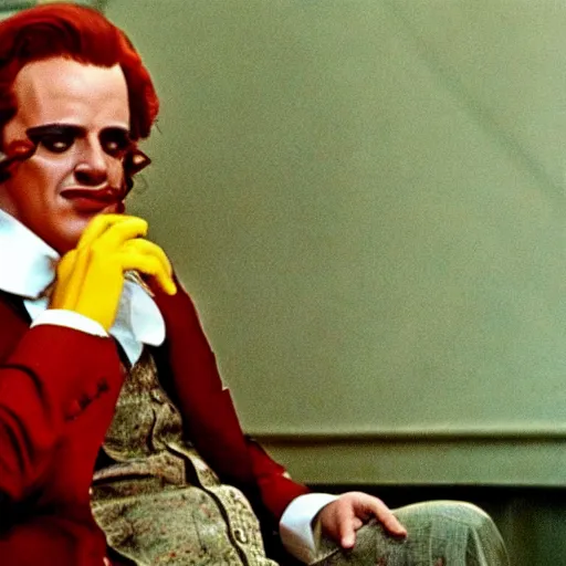 Image similar to A still of Ronald McDonald in The Godfather (1972)