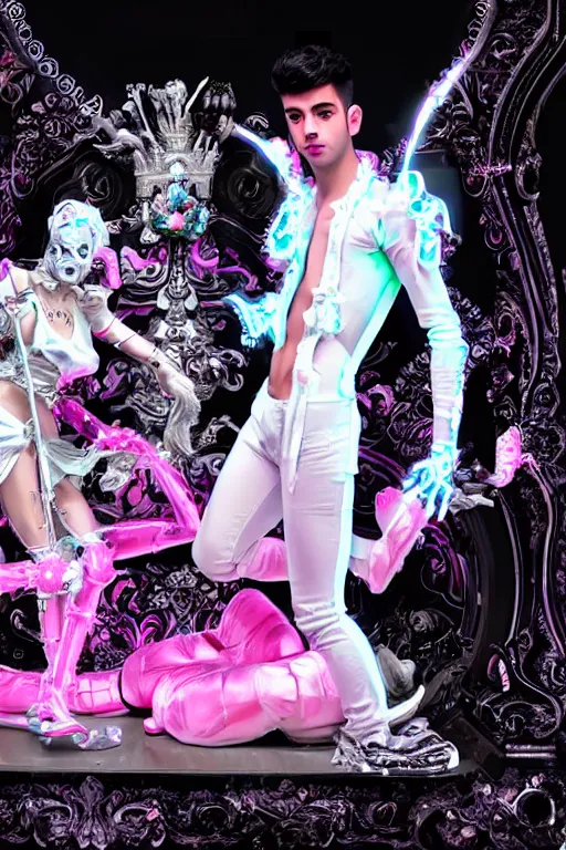 Image similar to full-body rococo and cyberpunk style neon statue of a young attractive Joe Jonas macho dotado e rico android sim roupa reclining con las piernas abertas e la piroca dura, glowing white laser eyes, prince crown of pink gears, diamonds, swirling silver-colored silk fabric. futuristic elements. full-length view. space robots. human skulls. intricate artwork by caravaggio. Trending on artstation, octane render, cinematic lighting from the right, hyper realism, octane render, 8k, depth of field, 3D